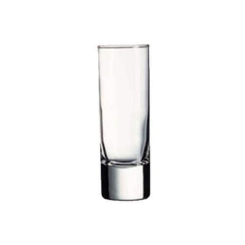 Front view of the clear shot glass with a metallic base