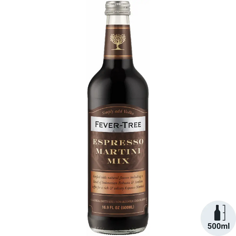 Front view of Fever Tree Espresso Martini Mix in a glass bottle with a label design.
