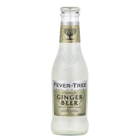 Front view of Fever Tree Tonic Water in a clear glass bottle with a silver cap.