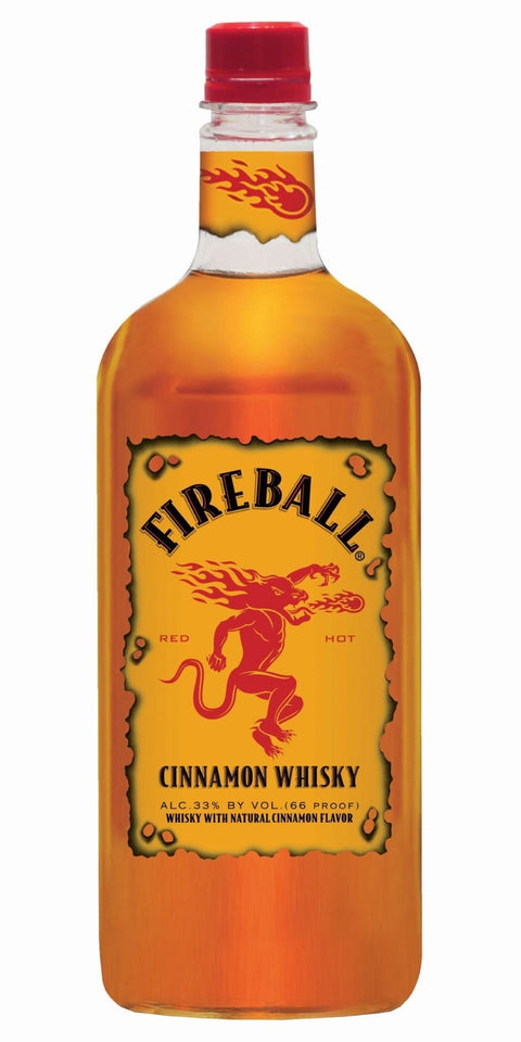 Front view of the Fireball Cinnamon Whiskey bottle showcasing its vibrant orange and red colors.