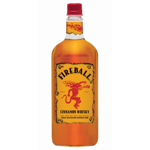 Front view of the engraved Fireball Cinnamon Whiskey bottle with orange and red label.