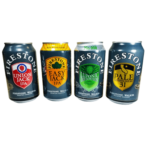 Front view of Firestone Variety 4-Pack cans with various colorful labels.