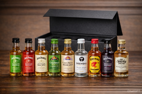 Flavored whiskey sampler in a black gift box with mini bottles