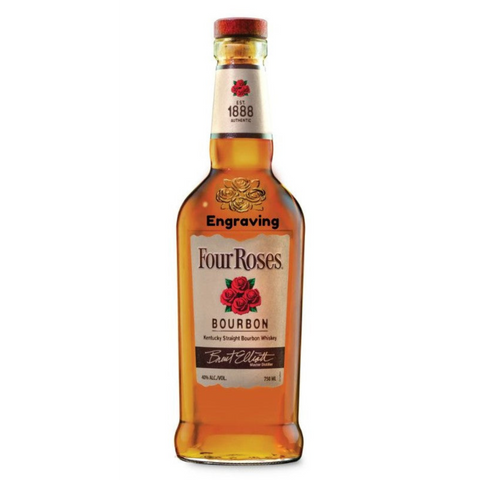 Front view of the Four Roses Bourbon with an engraved label and red cap on a transparent background.