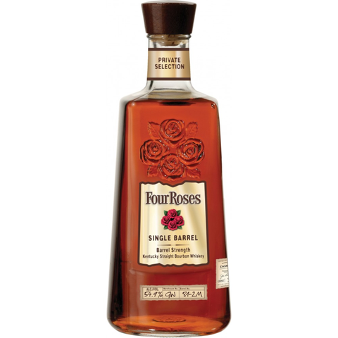 Front view of the brown and gold bottle of Four Roses Single Barrel Bourbon Whiskey