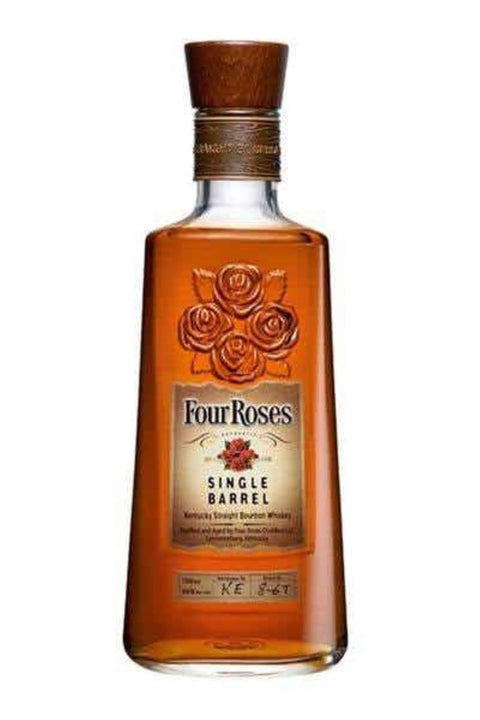 Front view of the brown whiskey bottle with a wooden cork and label design.