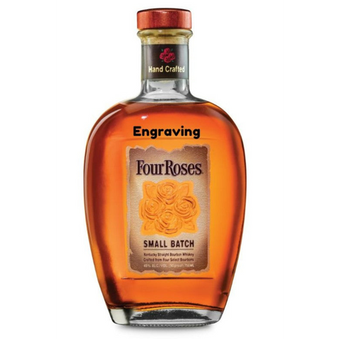 Front view of the amber Four Roses bourbon bottle with engraved label.