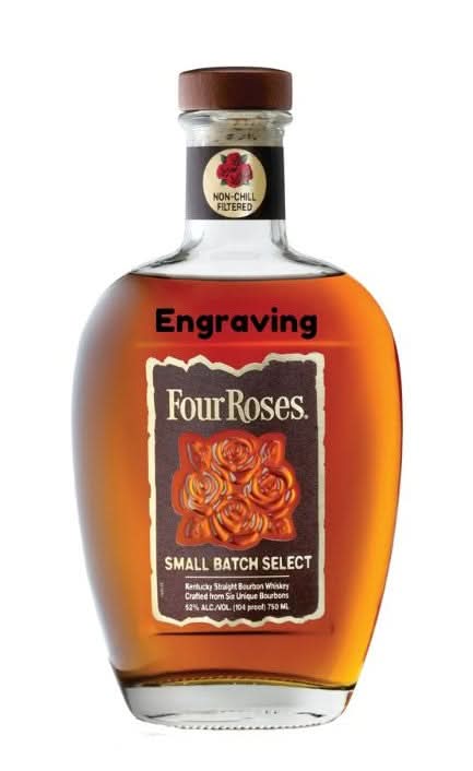 Front view of the Four Roses Small Batch Select bourbon whiskey bottle showcasing its engraved label.