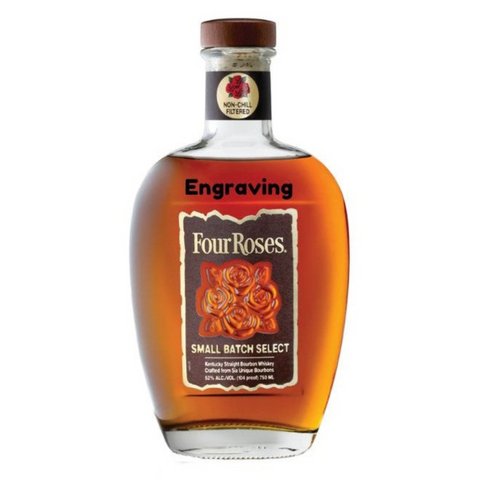 Front view of the engraved Four Roses Small Batch Select bourbon bottle in brown and gold.