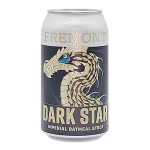 Front view of the silver and blue beer can featuring a dragon illustration