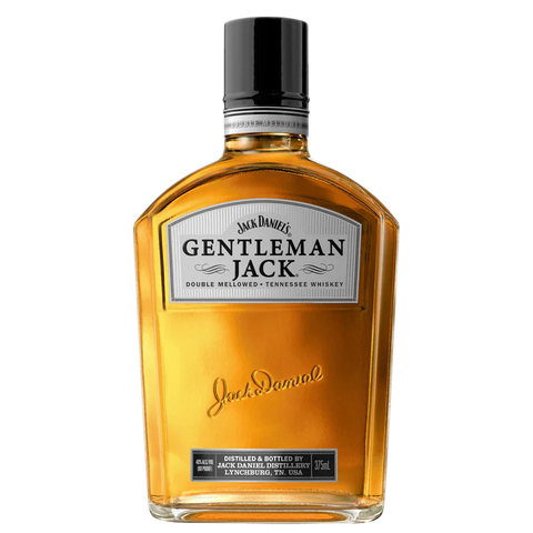 Front view of Gentleman Jack whiskey in a square bottle with a gold and black label.
