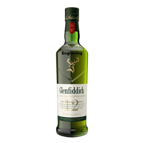Front view of Glenfiddich 12yr Scotch Whiskey with engraved label and gold accents.
