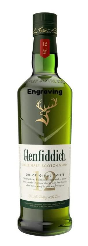 Front view of Glenfiddich 12yr Scotch Whiskey showcasing label design and gold accents.