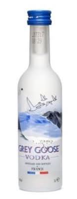Front view of a clear glass bottle of Grey Goose Vodka with a blue cap