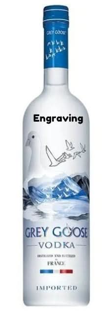 Front view of the clear Grey Goose vodka bottle with engraved design and blue cap
