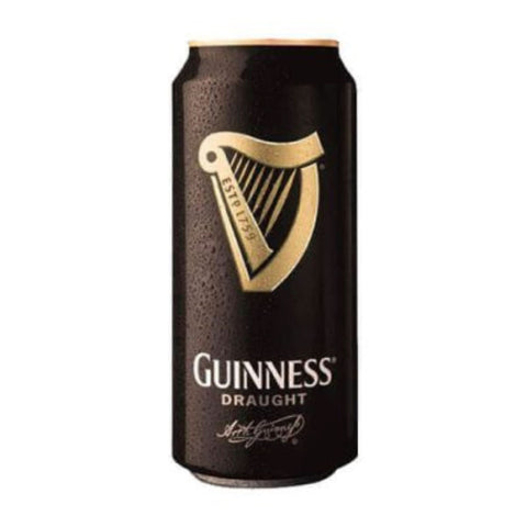 Front view of the Guinness beer can with iconic logo and smooth finish.