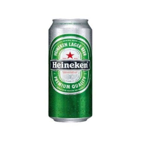 Front view of the green and silver Heineken beer can with logo