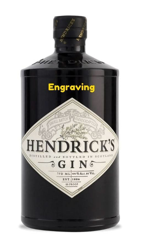 Front view of Hendrick's Gin bottle showcasing its engraved label and unique design.
