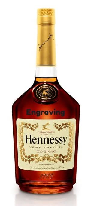 Front view of the Hennessy VS Cognac bottle showcasing the engraved label and gold cap.