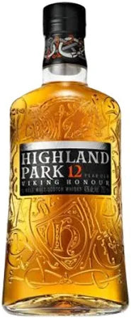 Front view of a clear glass bottle of Highland Park 12 Year Old Scotch Whisky with a black label