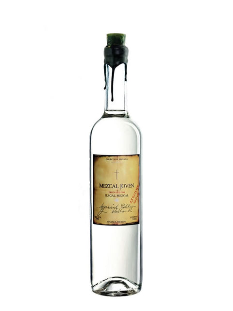 Front view of the Illegal Joven Mezcal bottle with a green cap and gold label.