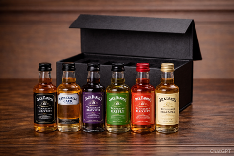 Jack Daniels Sampler set in a sleek black gift box with six mini bottles.