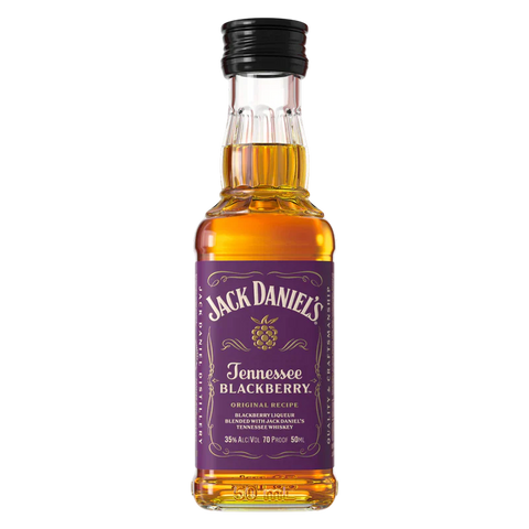 Front view of Jack Daniel's Tennessee Blackberry Whiskey bottle with a purple label.