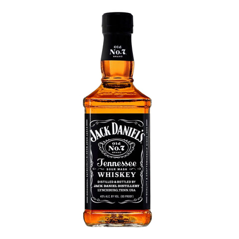 Front view of Jack Daniel's Tennessee whiskey bottle with amber color and label.