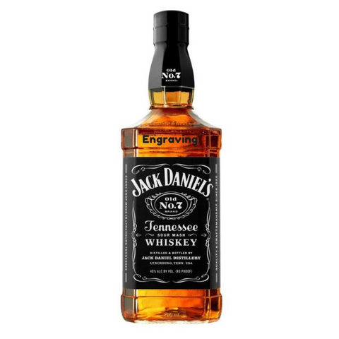 Front view of Jack Daniel's whiskey bottle with engraved label and black background.