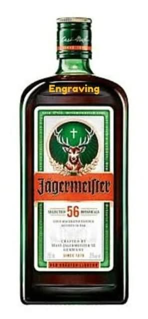 Front view of the green Jägermeister bottle showcasing its label and square shape.