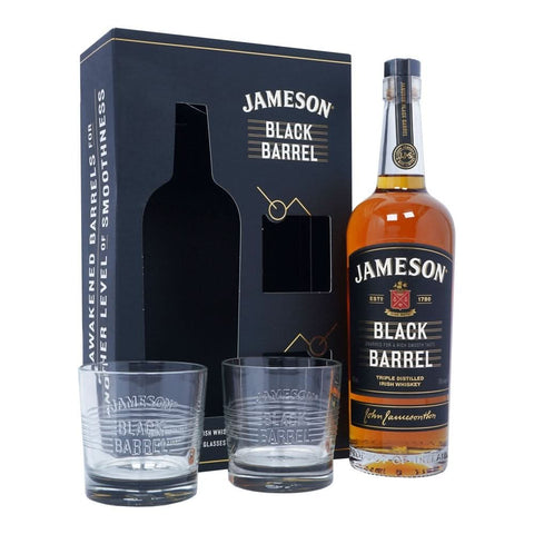 Jameson Black Barrel Irish Whiskey Gift Set with whiskey bottle and glasses in a gift box