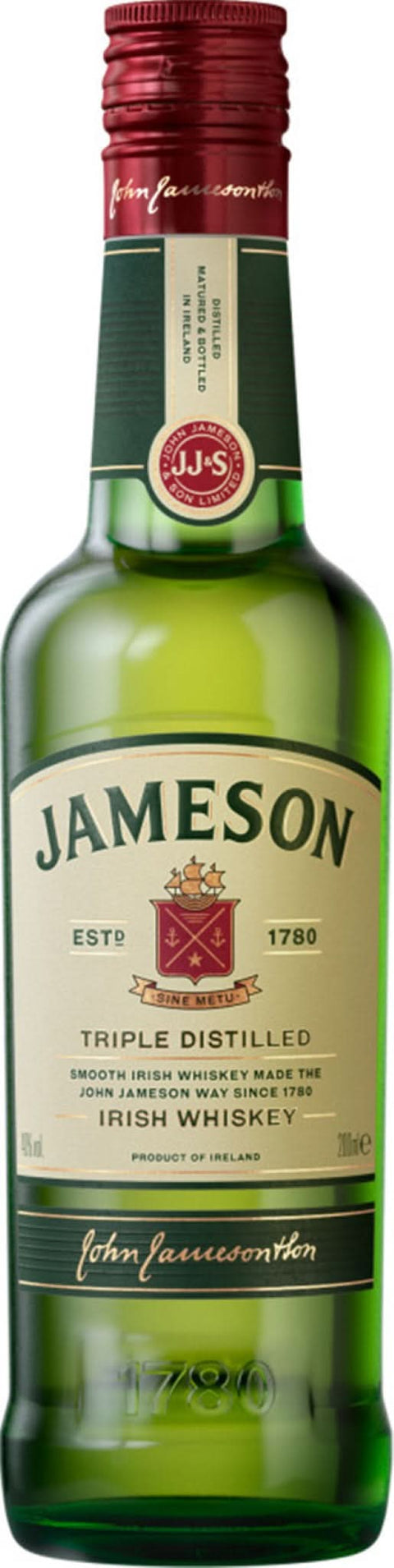Front view of the green liquor bottle with a red cap and label design