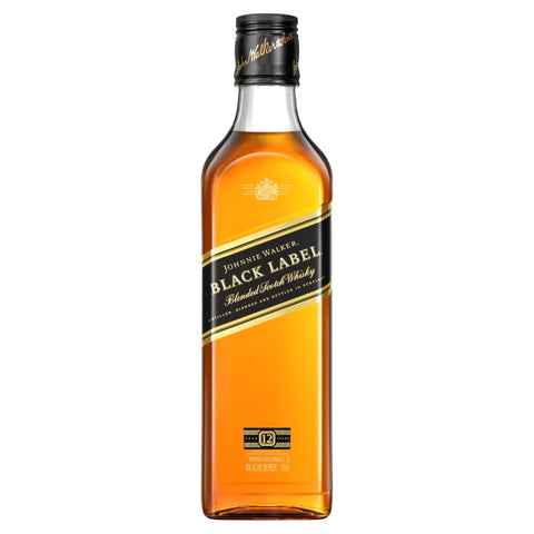 Front view of Johnnie Walker Black Label 375ml bottle with gold accents