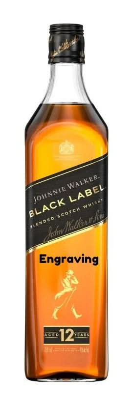Front view of Johnnie Walker Black Label whiskey bottle with engraved label in black and orange colors