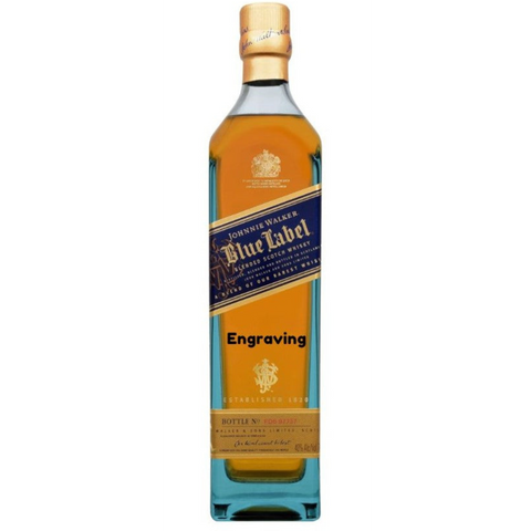 Front view of the blue engraved square bottle with gold cap