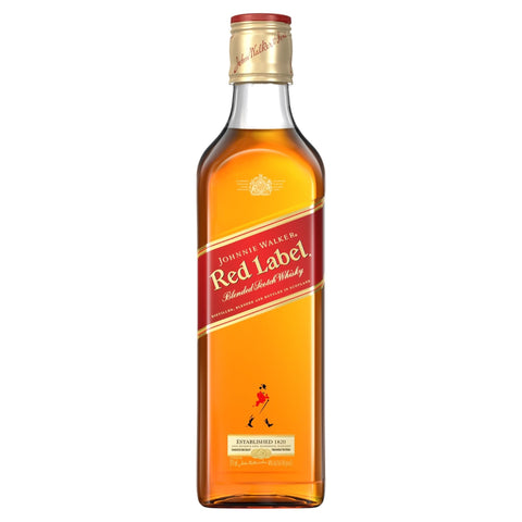 Front view of the tall bottle of Johnnie Walker Red Label whisky with a gold cap.