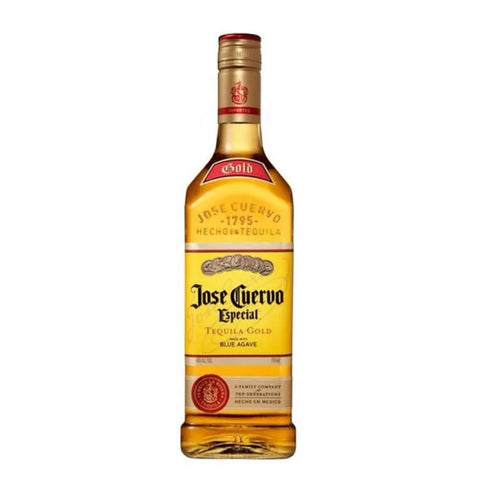 Front view of the Jose Cuervo Gold tequila bottle with a gold cap and clear glass.