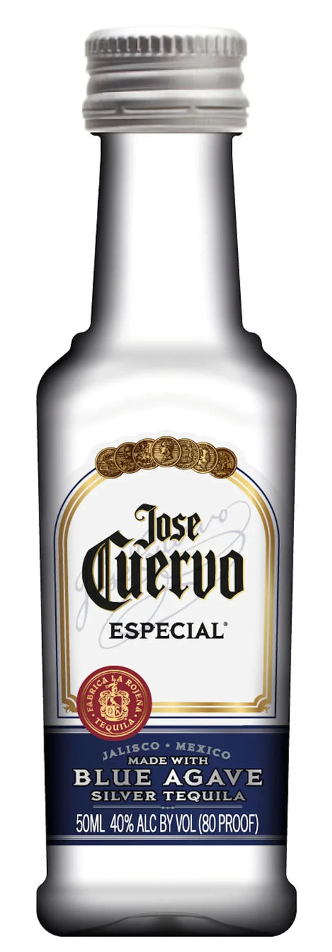 Front view of clear Jose Cuervo Silver tequila bottle with metallic cap