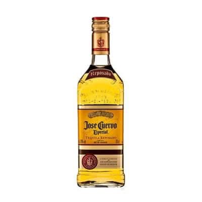 Front view of the Jose Cuervo Tequila bottle with a gold cap and clear glass.