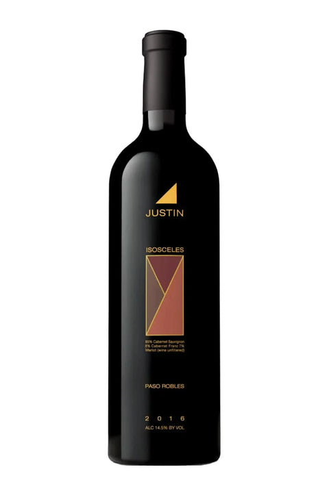Front view of the Justin Isosceles Cabernet Sauvignon wine bottle with a gold logo.