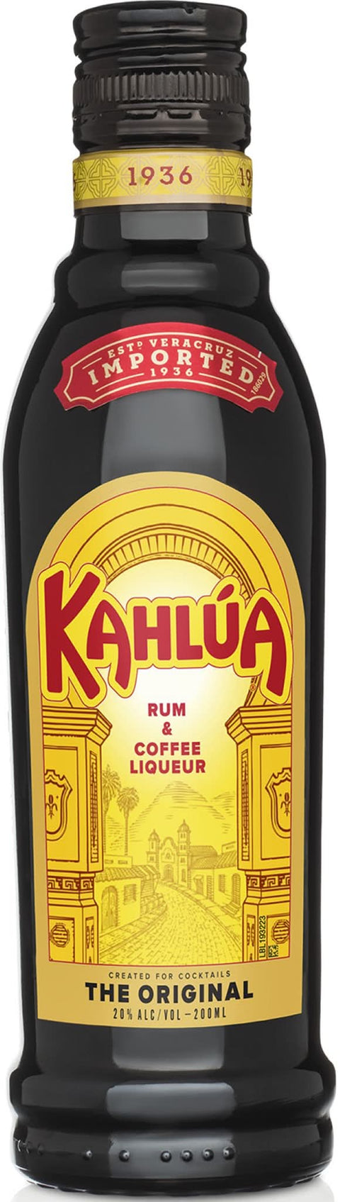 Front view of the black and gold Kahlua bottle with logo on a white background
