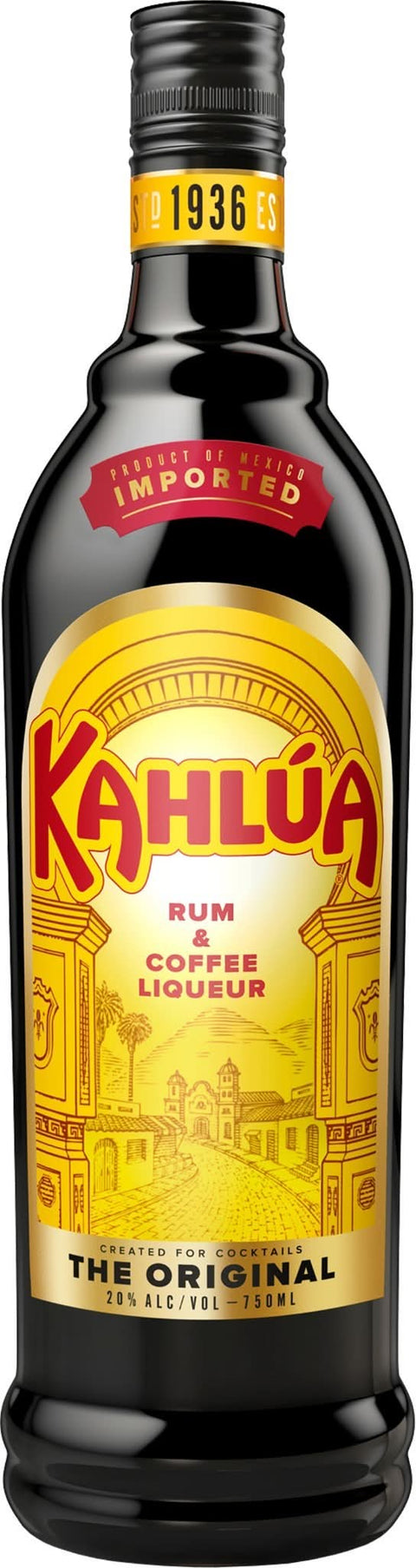 Front view of Kahlua coffee liqueur with classic label and red cap.