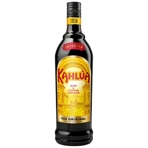 Front view of Kahlua coffee liqueur with engraved label and red cap.