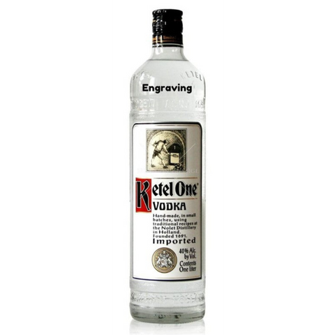 Front view of the clear Ketel One Vodka bottle with engraved label.