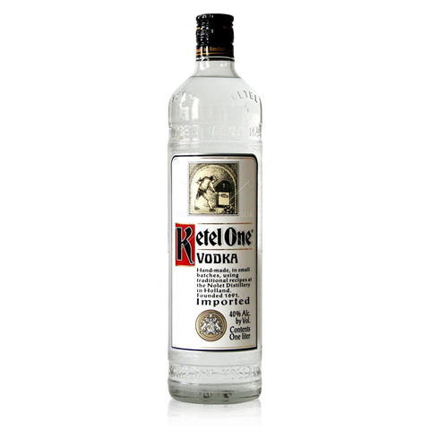 Front view of the clear Ketel One Vodka bottle showcasing the engraved label.