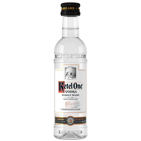 Front view of a clear glass bottle of Ketel One Vodka with a black and gold label.