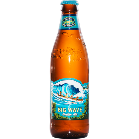 Front view of Kona Brewing Big Wave Golden Ale bottle with orange and blue label.