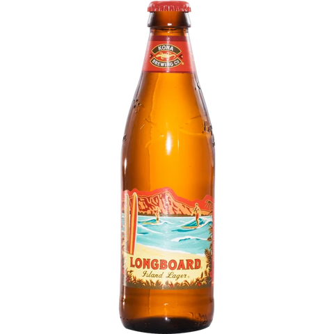 Front view of the Kona Brewing Longboard Lager bottle with a colorful label design.