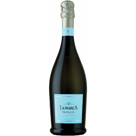 Front view of a clear bottle of La Marca Prosecco with a metallic cap and logo.
