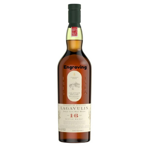 Front view of the Lagavulin whiskey bottle with engraved label and gold accents.